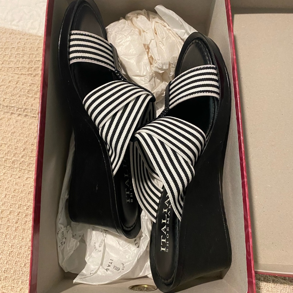 Italian Shoemakers Striped Black and White Wedges